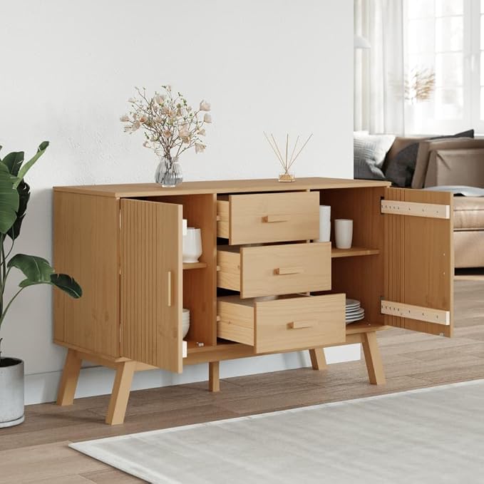 Scandinavian Style Sideboard Brown Solid Pine Wood 45 Inch Wide Sideboard - Image 4