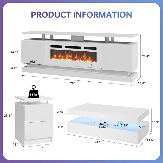 4-Piece Modern Living Room Table Set, Includes High Gloss 70" Fireplace TV Stand - Image 3