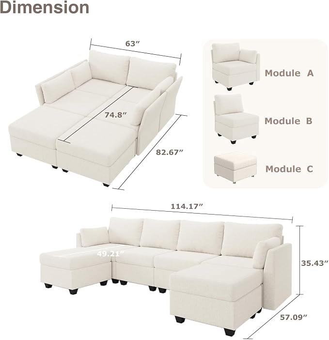 Huatean Home 114.17" Modular Sectional Sofa, 6 Seat Modular Couch - Image 2