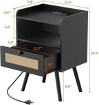 SUPERJARE Nightstand with Charging Station & Rattan-Like Decor Drawer, Rattan - Image 3