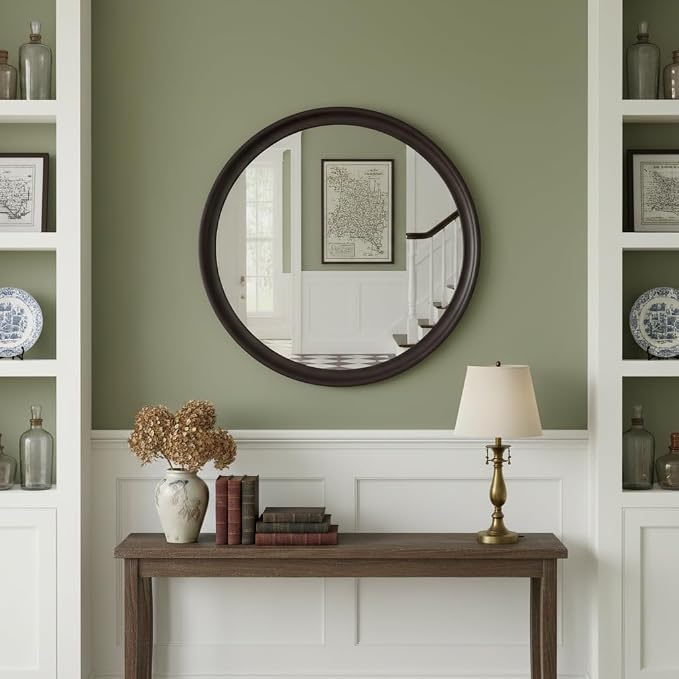 Round Wood Mirrors 30 Inch, Rustic Decorative Transitional Dark Walnut Wall - Image 2