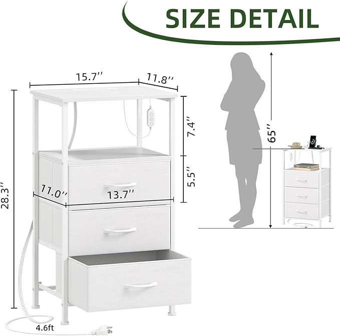 Somdot White Nightstand with Charging Station and LED Light - Image 3