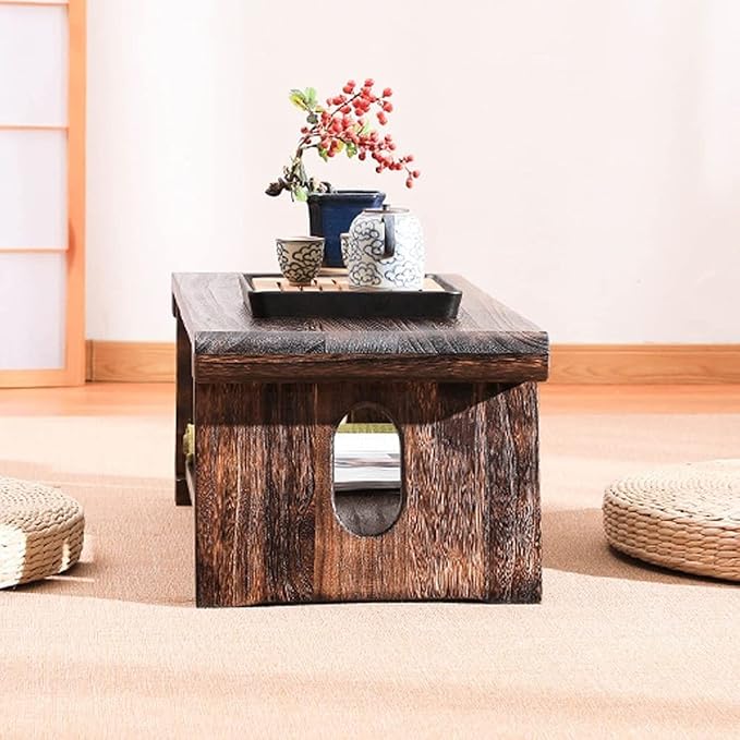 Solid Wood Vintage Folding Japanese Tea Table, Foldable Low Table, 2-Tier - Image 7