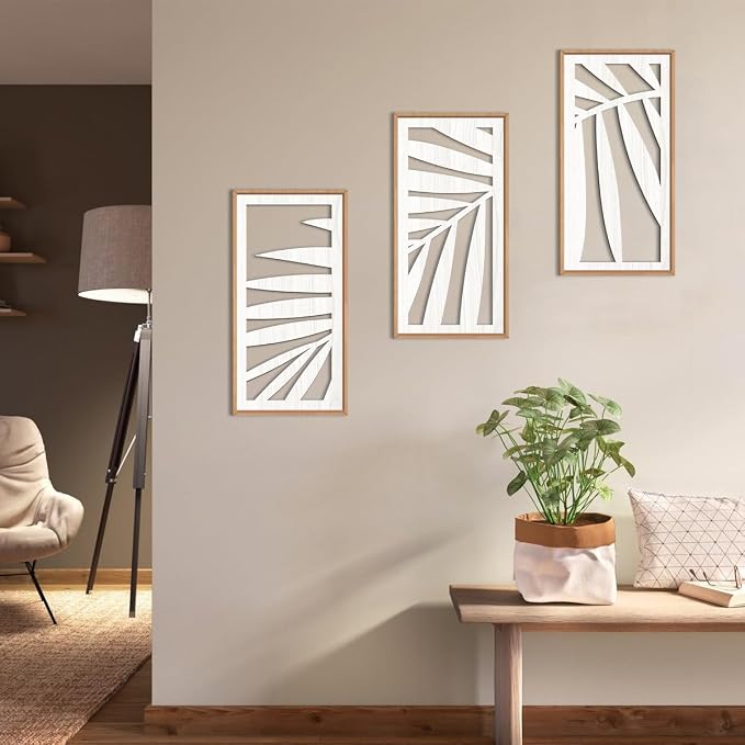 IARTTOP Tropical Palm Tree Leaf Wood Wall Art White Framed 8x16 Inch Set of 3 - Image 6