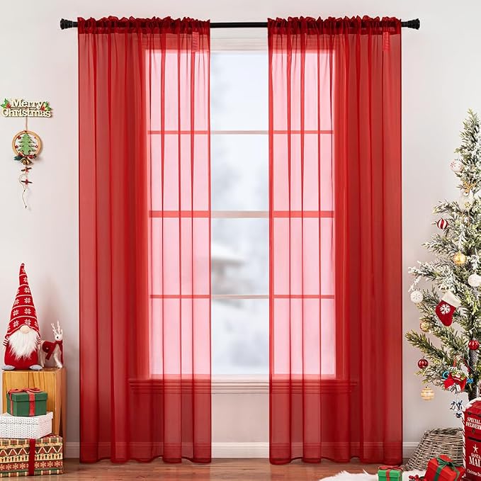 MIULEE 2 Panels Red Sheer Christmas Window Curtains 54 X 108 Inches | Solid by MIULEE