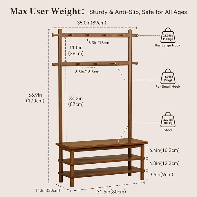 Hall Tree with Shoe Storage Bench, 3-in-1 Entryway Coat Rack with Bench - Image 2