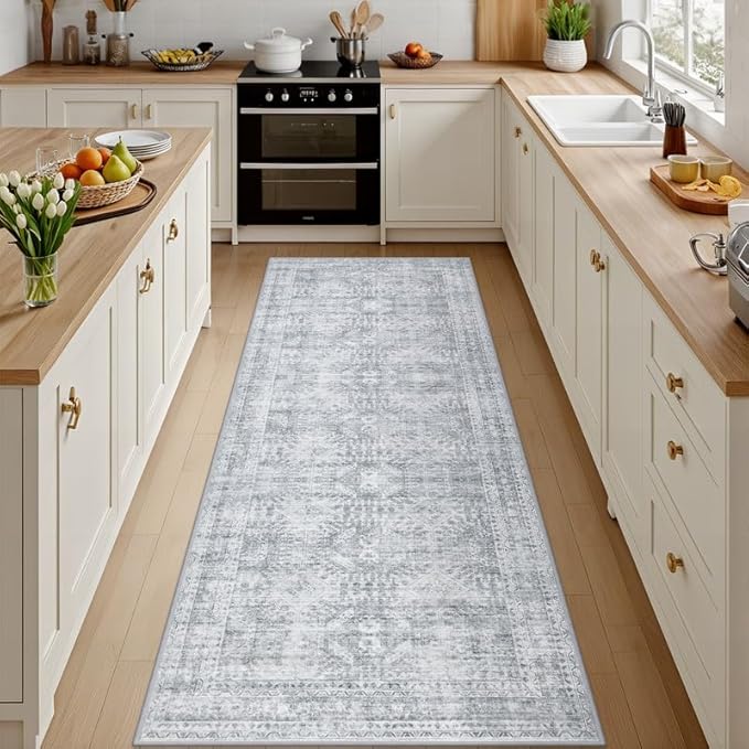 2'6''x8' Hallway Washable Runner Rug: Neutral Kitchen Carpet Gray | Vintage by Luxturiy