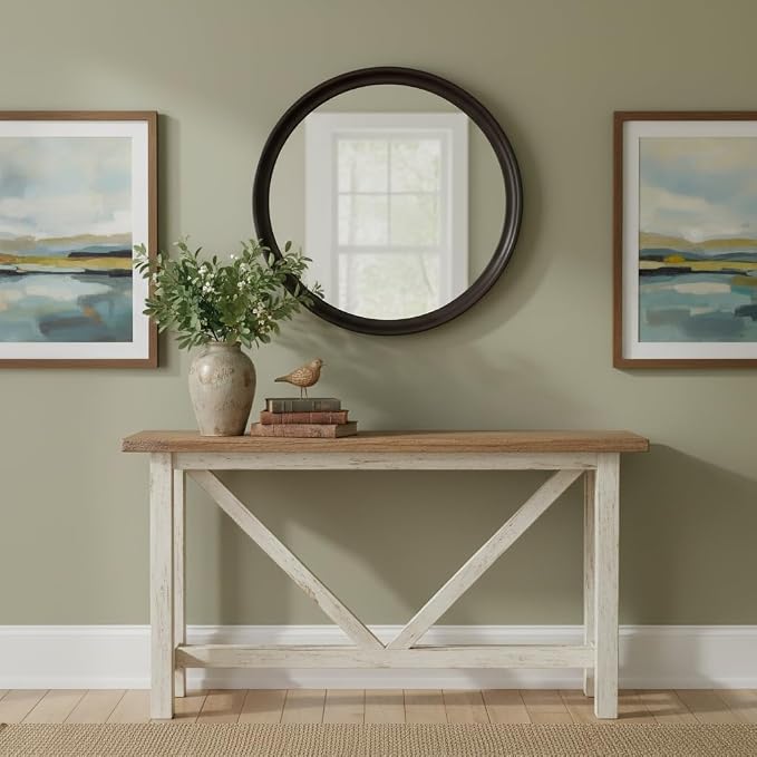 Round Mirrors 24 Inch, Rustic Decorative Transitional Dark Walnut Wall Mirror - Image 4