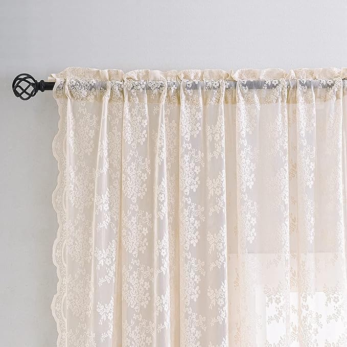 YJ YANJUN Vintage Lace Curtains 63 Inch Length 2 Panels Set Cute Floral Designs - Image 3