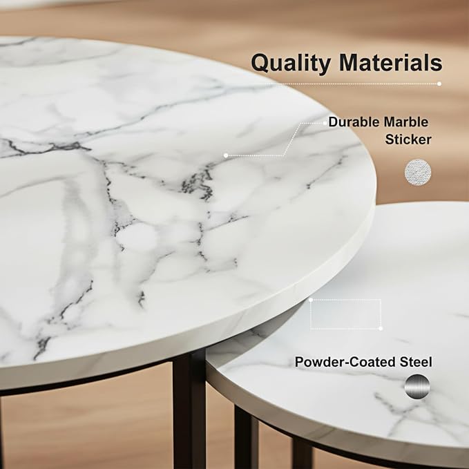 Round Nesting Coffee Table Set of 2, Modern Marble Pattern Wooden Nesting Tables - Image 3