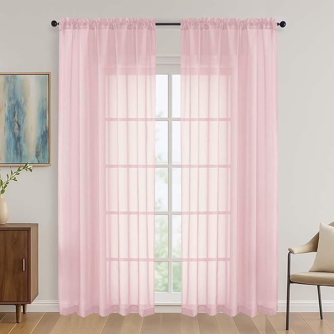 Blush Pink Sheer Curtains 84 Inches Long 2 Panels Set, Light Filtering Sheer by OVZME