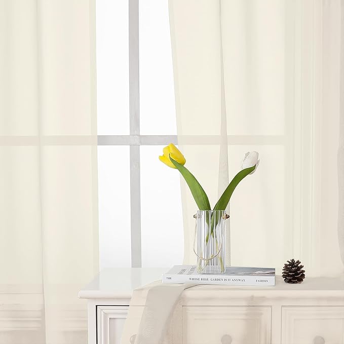 Cream Sheer Curtains 50 Inch Length 2 Pcs, Rod Pocket Light Filtering Voile - Image 4