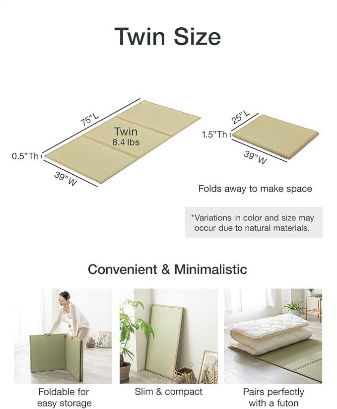 FULI Japanese Tatami Mattress, Foldable Igusa Rush Grass Tatami Rug, Natural - Image 2