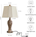 Set of 2 Rustic Table Lamps for Living Room Bedroom, 2 USB Ports 25'' Vintage - Image 6