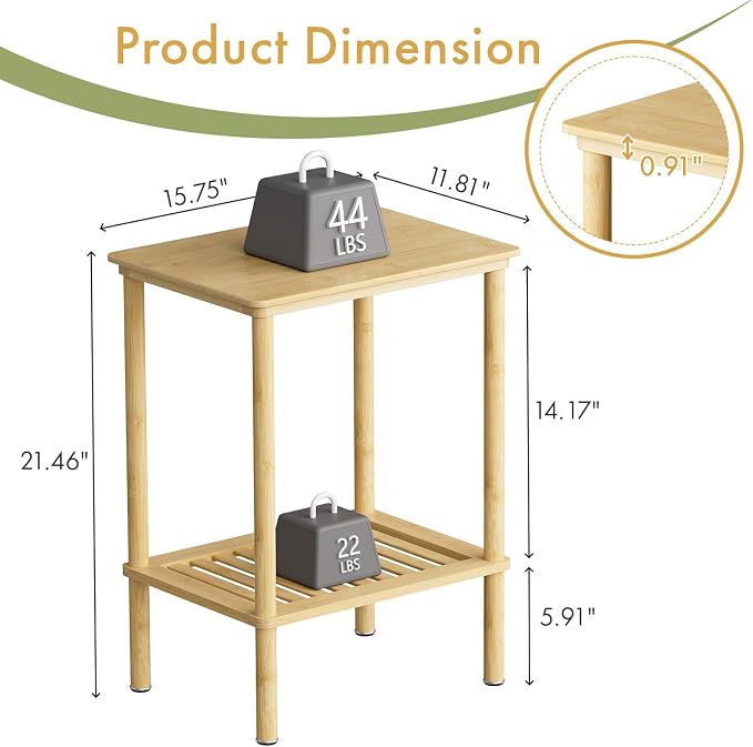 2 Tier Bamboo End Table, Narrow Side Table - Image 2