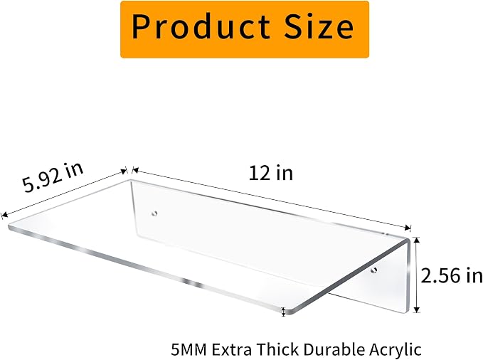 Jansburg 12 Inch L-Shaped Acrylic Floating Shelf Clear Wall Mounted Shelves - Image 3