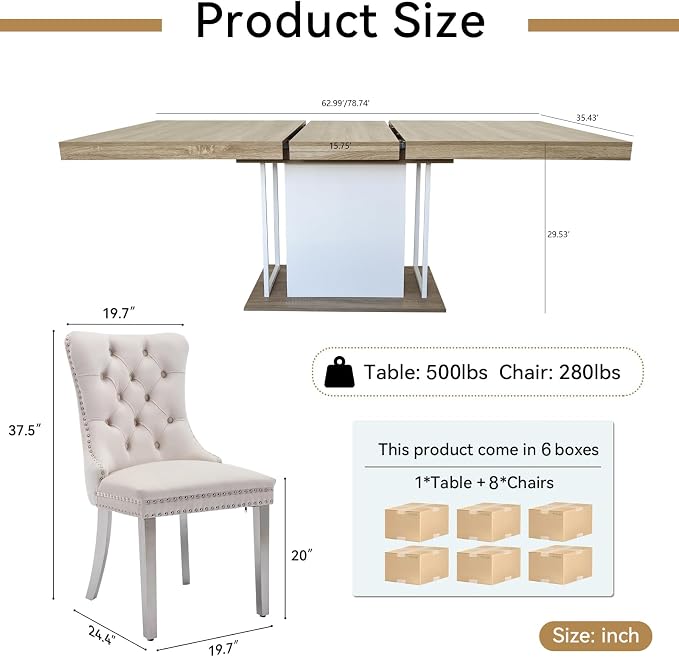 Henf 63"-79" Dining Table Set for 8, 9 Pieces Extendable Dining Table and 8 - Image 7