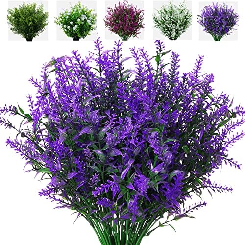 XLFAQXM 8 Pack Artificial Plants Flowers Grass Shrubs Lavender No Fade Faux Plastic Flowers Outdoor for Farmhouse Garden Porch Patio Indoor Wedding Decoration Greenery Fake Plants uv Resistant by XLFAQXM