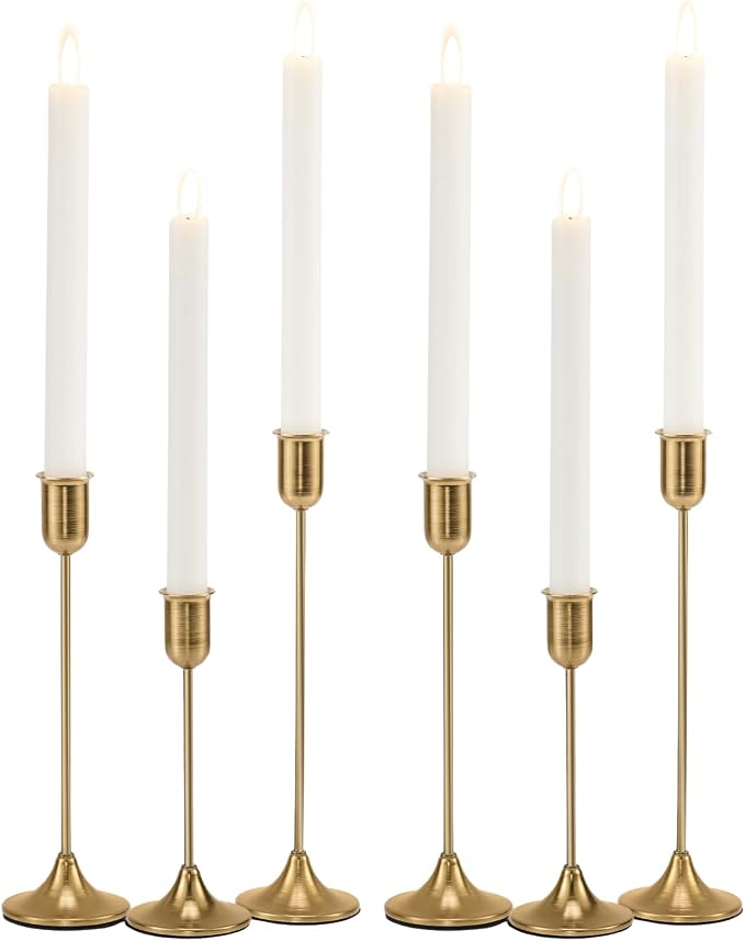 Brass Gold Candlestick Holders, Metal Taper Candle Holders Set of 6, Vintage by Batoslee