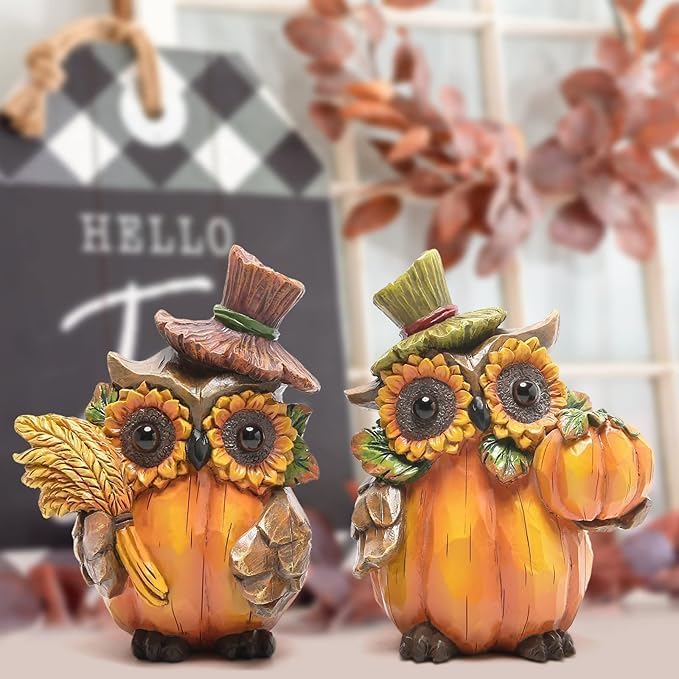 Hodao Harvest Decor Resin Owl Figurines with Sunflower and Pumpkin, Thanksgiving Collectible Statue for Autumn Table Decor, Rustic Fall Accent Gift for Home and Garden Seasonal Decoration - Image 6