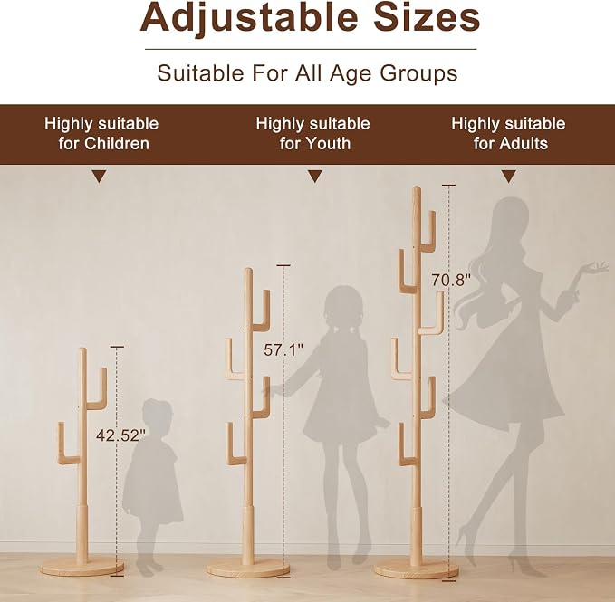 Muwuele Solid Wood Cactus Coat Rack, Freestanding Coat Rack - Image 3