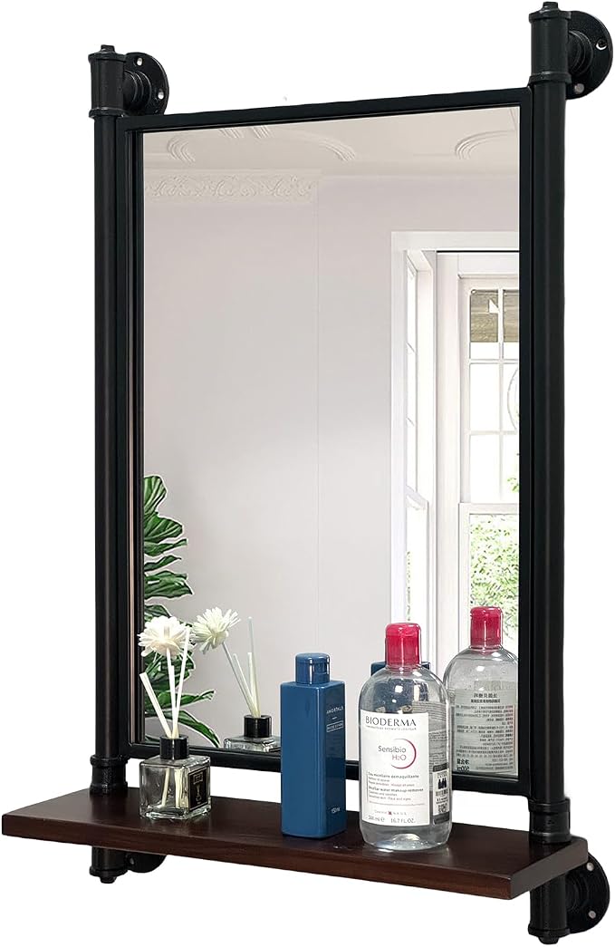 Industrial Pipe Mirror Wood Shelves, Bedroom Mirror - Image 4