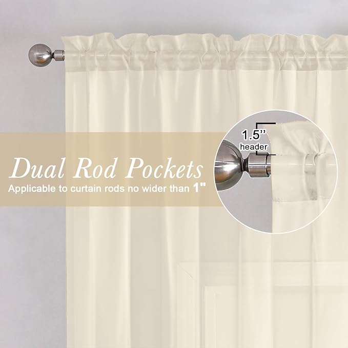 Cream Sheer Curtains 96 Inches Long 2 Panels, Elegant Light Filtering Voile - Image 5