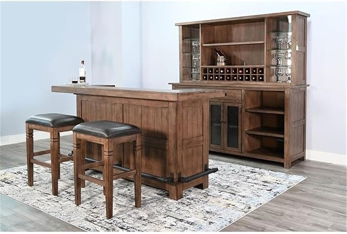 Pemberly Row Set of 3 Natural Brown Wood Bar Unit & 2 Swivel Barstool - Image 8