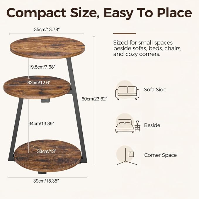 BEWISHOME Round Side Table, 3-Tier End Table, Nightstand - Image 2