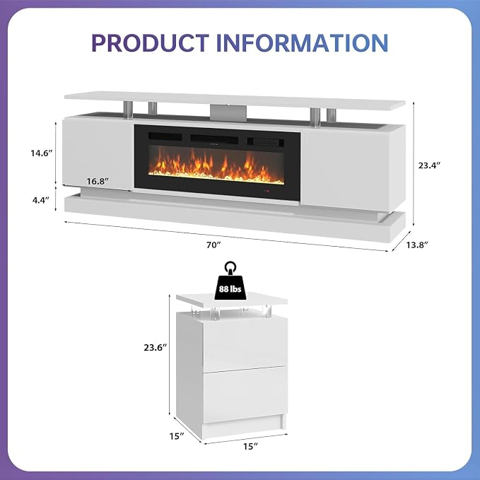 3-Piece Modern Living Room Table Set, Includes High Gloss 70" Fireplace TV - Image 2