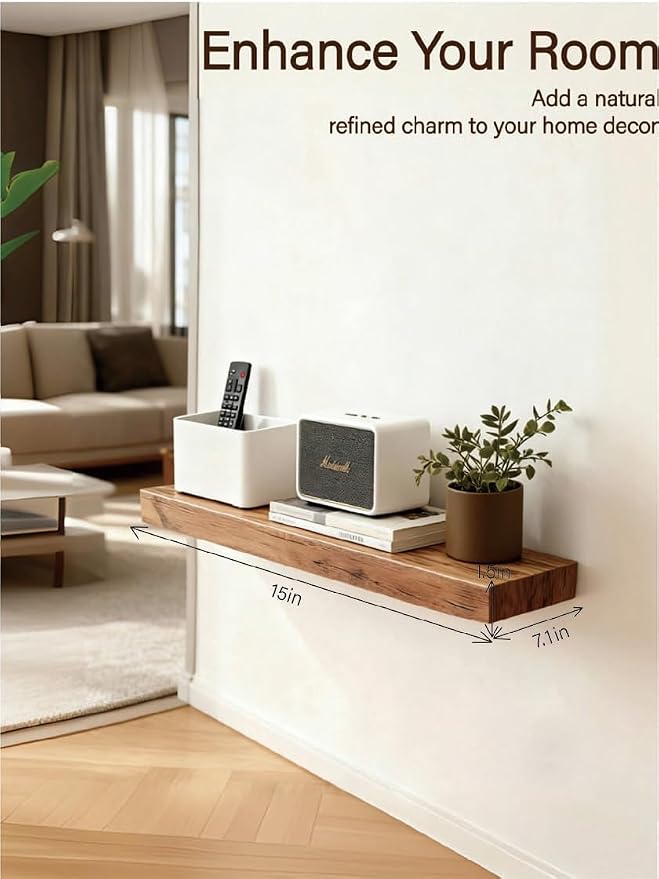 Solid Wood Floating Shelves, 15in Finished Real Wood Wall Shelves - Image 4