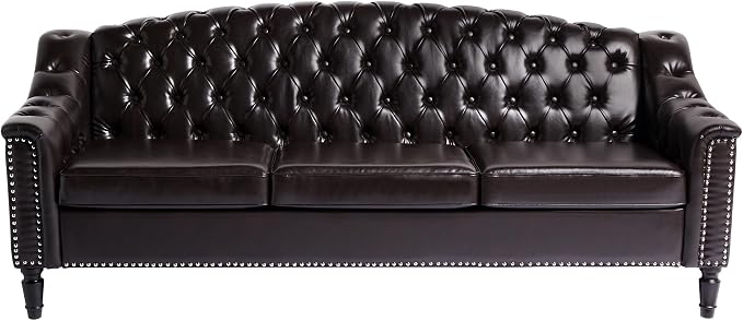 LEVNARY Mid-Century Modern Leather Couch, Chesterfield Sofa Sleeper Settee - Image 8