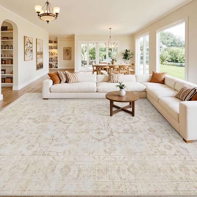 Area Rugs 9x12 Living Room: Bedroom Washable Carpet Warm Beige | Vintage Boho - Image 8