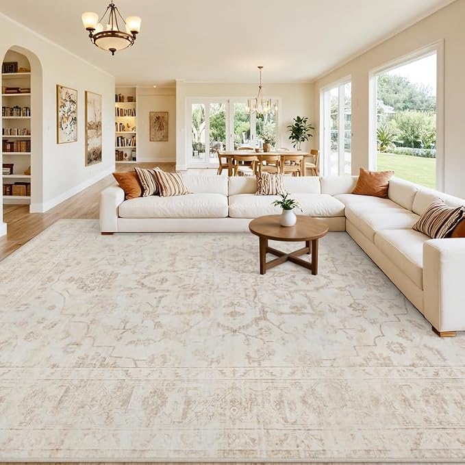 10x12 Area Rugs Living Room: Bedroom Washable Carpet Warm Beige | Vintage Boho by Luxturiy