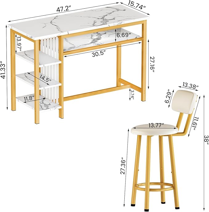 AWQM 3-Piece Bar Table and Chairs Set, Modern White Faux Marble Table - Image 4