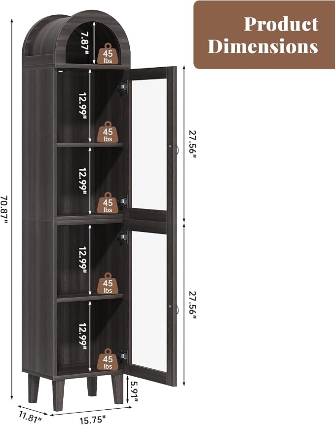 71" Tall Arched Cabinet with Acrylic Door, Modern Curio Arched Bookcase with - Image 2