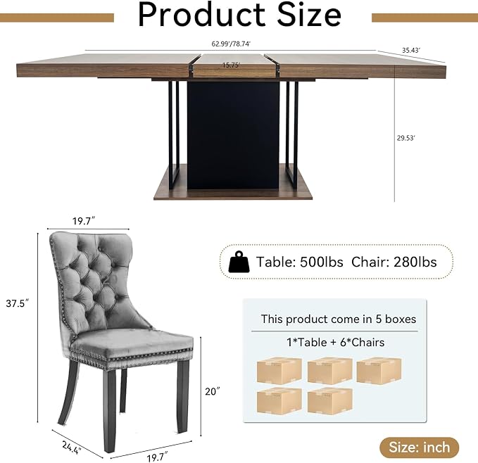 Henf 63"-79" Dining Table Set for 6, 7 Pieces Extendable Dining Table and 6 - Image 7