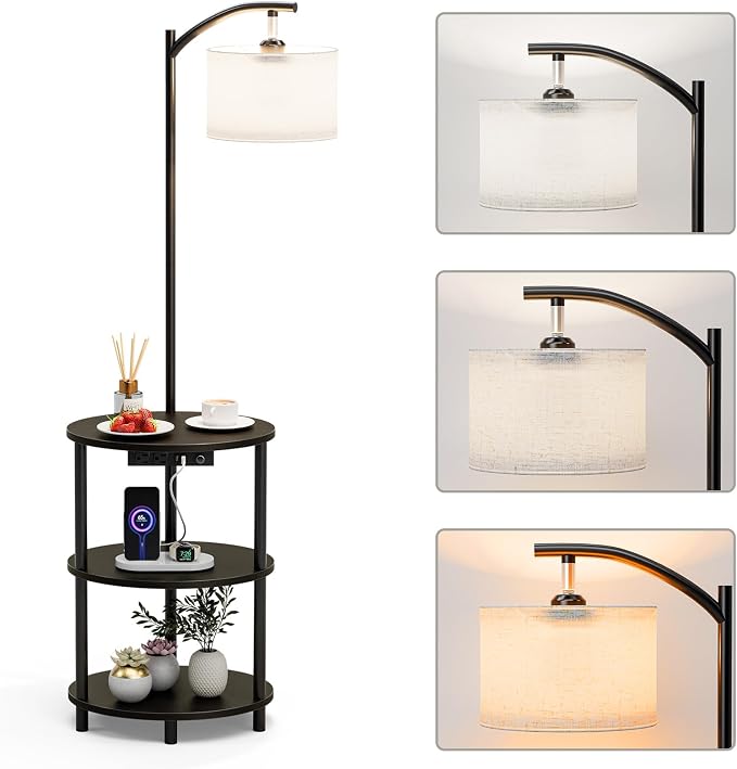 Round Side Table with Lamp and USB Ports, 3-Tier Small End Table by RISWER