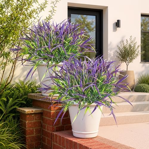 Uieke 12 Bundles Artificial Outdoor Plants UV Resistant Fake Grass Plants Faux Plastic Plants Greenery Shrubs for Home Garden Pathway Window Box Front Porch Cemetery Spring Summer Decor, Purple - Image 2