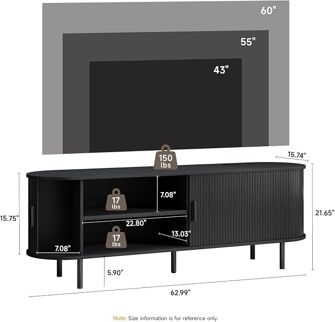 63" TV Stand with Power Outlet, Modern Media Console with Sliding Doors - Image 2