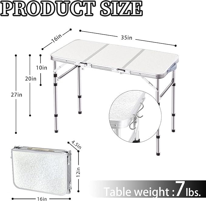 Yriuat Folding Camping Table 3ft Portable Picnic Table Adjustable Height Small - Image 3