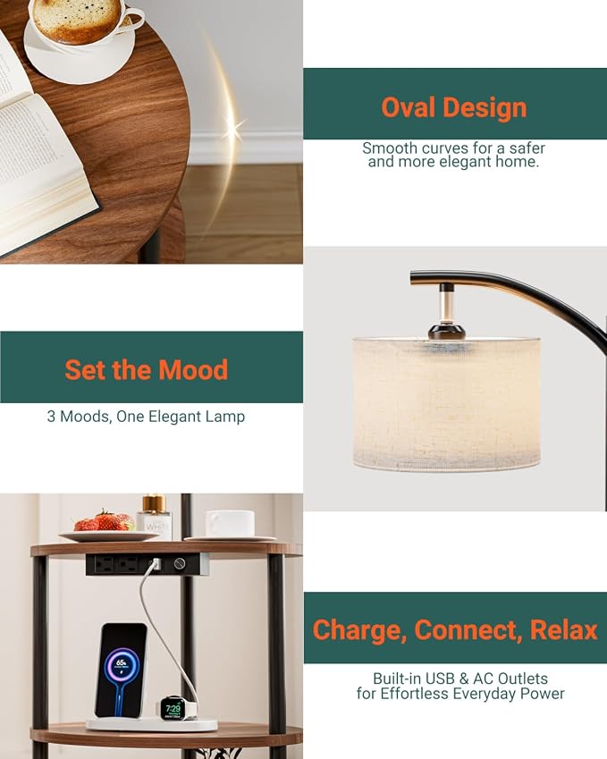 Round Side Table with Lamp and USB Ports, 3-Tier Small End Table - Image 5