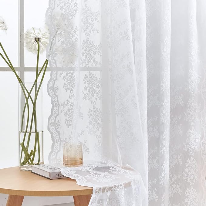 YJ YANJUN Vintage Lace Curtains 63 Inches Length- Elegance Floral White Sheer by YJYANJUN