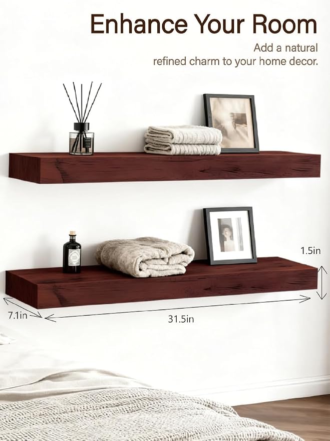 Solid Wood Floating Shelves, 31.5in Finished Real Wood Wall Shelves - Image 2