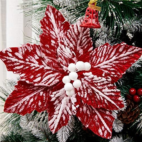 10 PCS Snow Poinsettia Stems, Large 10.6" Christmas Flowers, Red/White by FuleHouzz