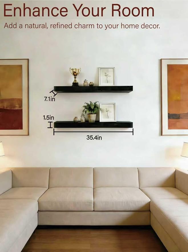Solid Wood Floating Shelves, 35.4in Finished Real Wood Wall Shelves - Image 4