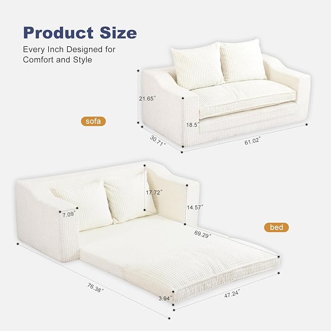 61" Convertible Sofa Bed Loveseat, Memory Foam Boneless Floor Couch - Image 3