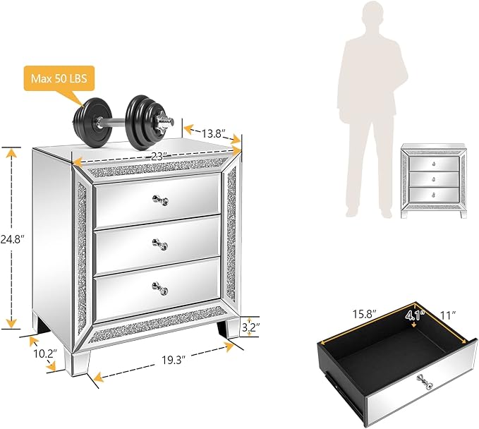VINGLI Mirrored Nightstands Set of 2, Modern Bedside Table 3 Drawer Glass Side - Image 3