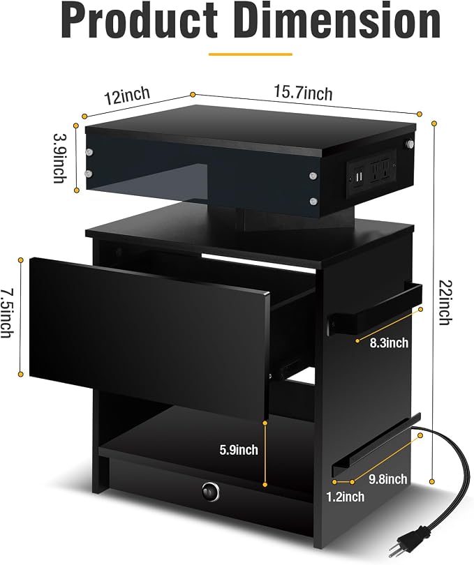 Nightstand with Induction Light & Side Charging Station, Modern Bedside Table - Image 2