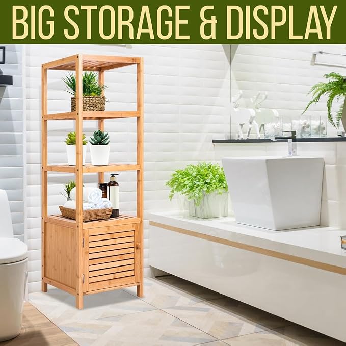 SereneLife 5-Tier Bamboo Bathroom Storage, Corner Slim Rack Cabinet Organizer - Image 5